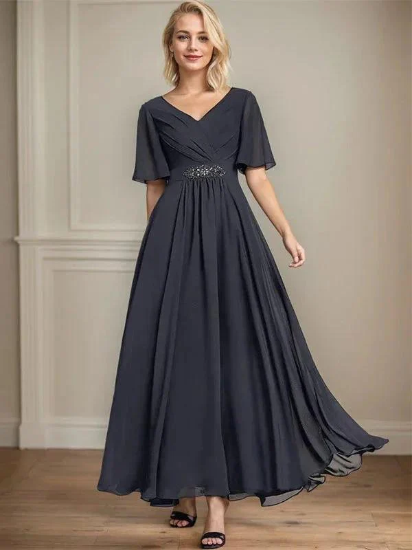 A-line V-Neck Ankle-Length Chiffon Mother of the Bride Dress With Pleated Beading Sequins - Image 5