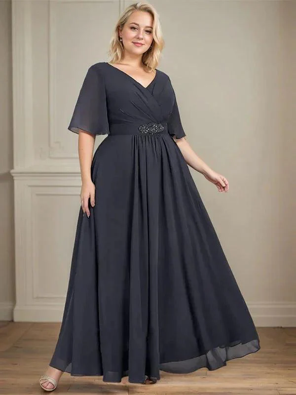 A-line V-Neck Ankle-Length Chiffon Mother of the Bride Dress With Pleated Beading Sequins - Image 6