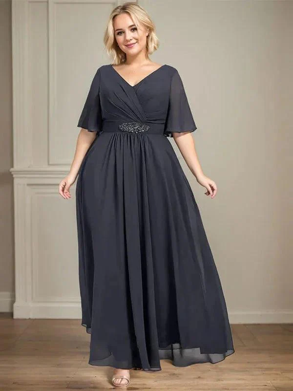 A-line V-Neck Ankle-Length Chiffon Mother of the Bride Dress With Pleated Beading Sequins - Image 7