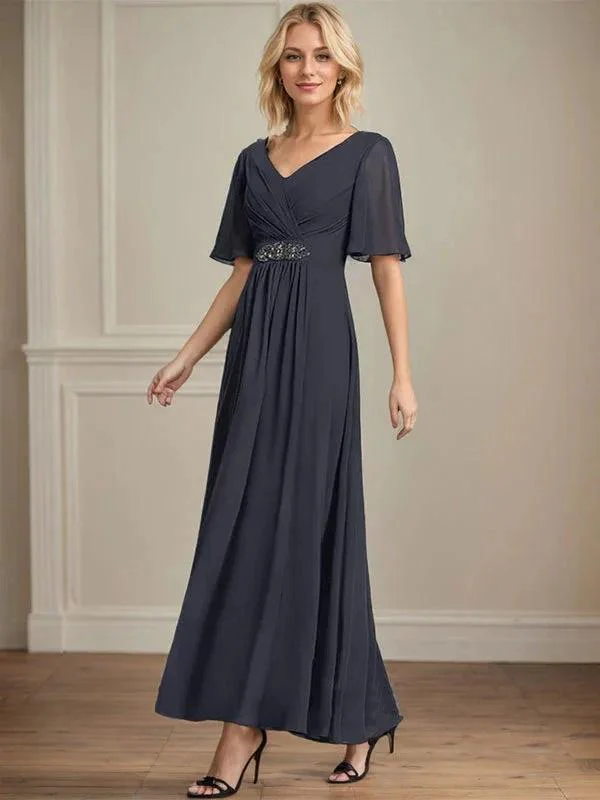 A-line V-Neck Ankle-Length Chiffon Mother of the Bride Dress With Pleated Beading Sequins - Image 8