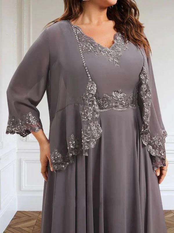 A-line V-Neck Ankle-Length Chiffon Mother of the Bride Dress With Sequins Appliques Lace Beading - Image 10