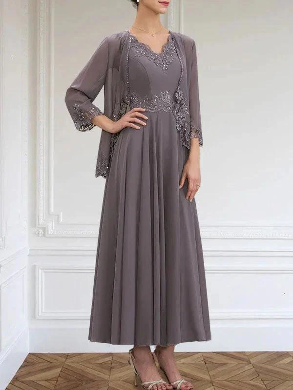 A-line V-Neck Ankle-Length Chiffon Mother of the Bride Dress With Sequins Appliques Lace Beading - Image 11