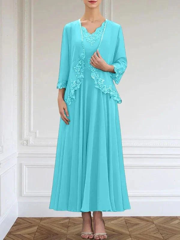 A-line V-Neck Ankle-Length Chiffon Mother of the Bride Dress With Sequins Appliques Lace Beading - Image 12
