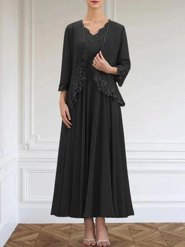 A-line V-Neck Ankle-Length Chiffon Mother of the Bride Dress With Sequins Appliques Lace Beading - Image 13