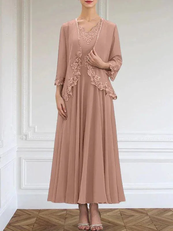 A-line V-Neck Ankle-Length Chiffon Mother of the Bride Dress With Sequins Appliques Lace Beading - Image 14