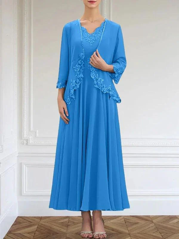 A-line V-Neck Ankle-Length Chiffon Mother of the Bride Dress With Sequins Appliques Lace Beading - Image 15