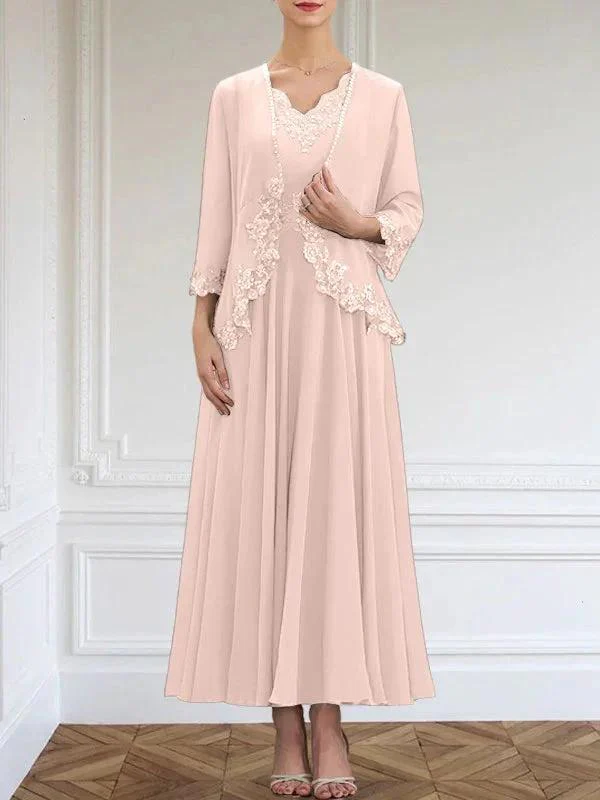 A-line V-Neck Ankle-Length Chiffon Mother of the Bride Dress With Sequins Appliques Lace Beading - Image 16