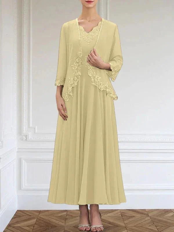 A-line V-Neck Ankle-Length Chiffon Mother of the Bride Dress With Sequins Appliques Lace Beading - Image 17