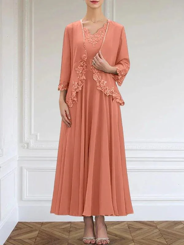 A-line V-Neck Ankle-Length Chiffon Mother of the Bride Dress With Sequins Appliques Lace Beading - Image 18