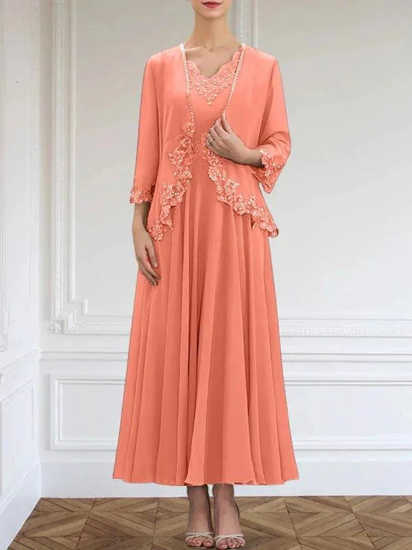 A-line V-Neck Ankle-Length Chiffon Mother of the Bride Dress With Sequins Appliques Lace Beading - Image 19
