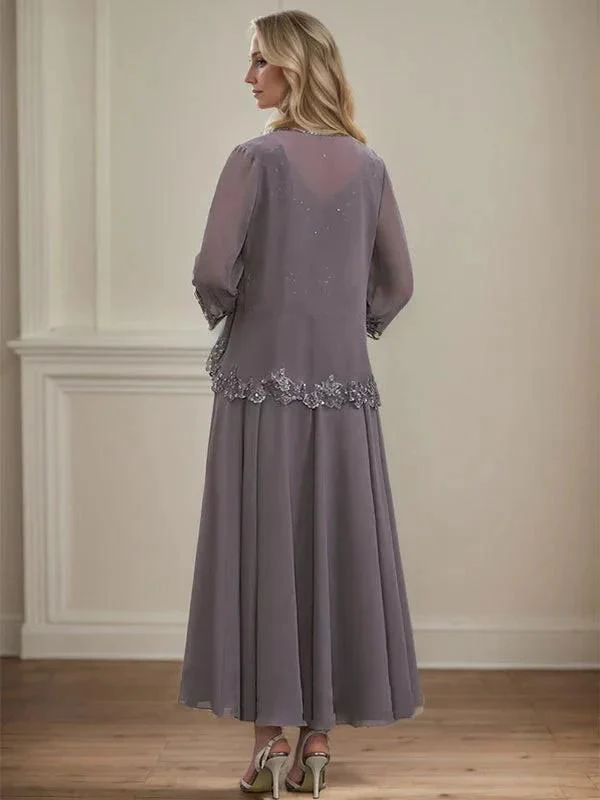 A-line V-Neck Ankle-Length Chiffon Mother of the Bride Dress With Sequins Appliques Lace Beading - Image 2