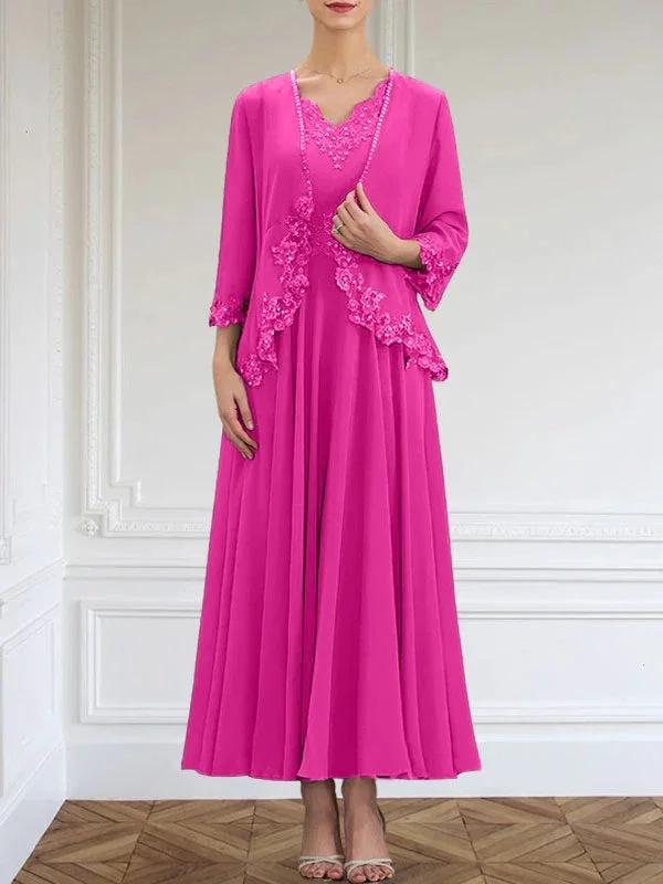 A-line V-Neck Ankle-Length Chiffon Mother of the Bride Dress With Sequins Appliques Lace Beading - Image 20