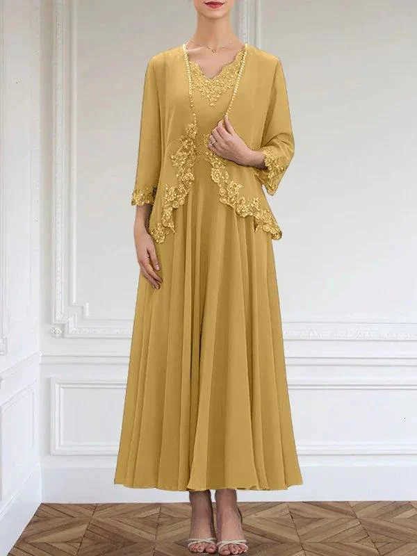 A-line V-Neck Ankle-Length Chiffon Mother of the Bride Dress With Sequins Appliques Lace Beading - Image 21