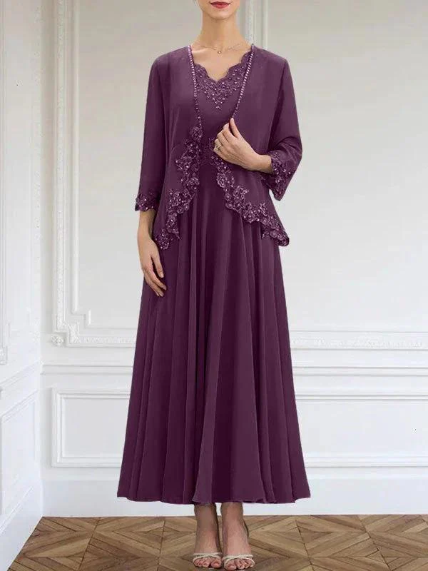 A-line V-Neck Ankle-Length Chiffon Mother of the Bride Dress With Sequins Appliques Lace Beading - Image 22