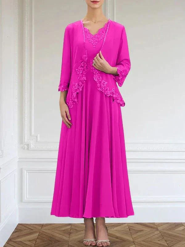 A-line V-Neck Ankle-Length Chiffon Mother of the Bride Dress With Sequins Appliques Lace Beading - Image 23