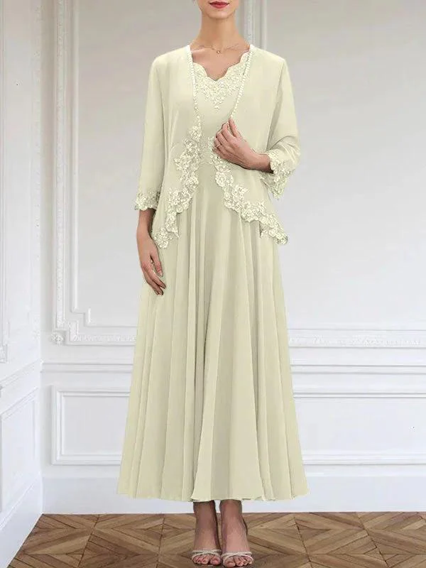 A-line V-Neck Ankle-Length Chiffon Mother of the Bride Dress With Sequins Appliques Lace Beading - Image 24