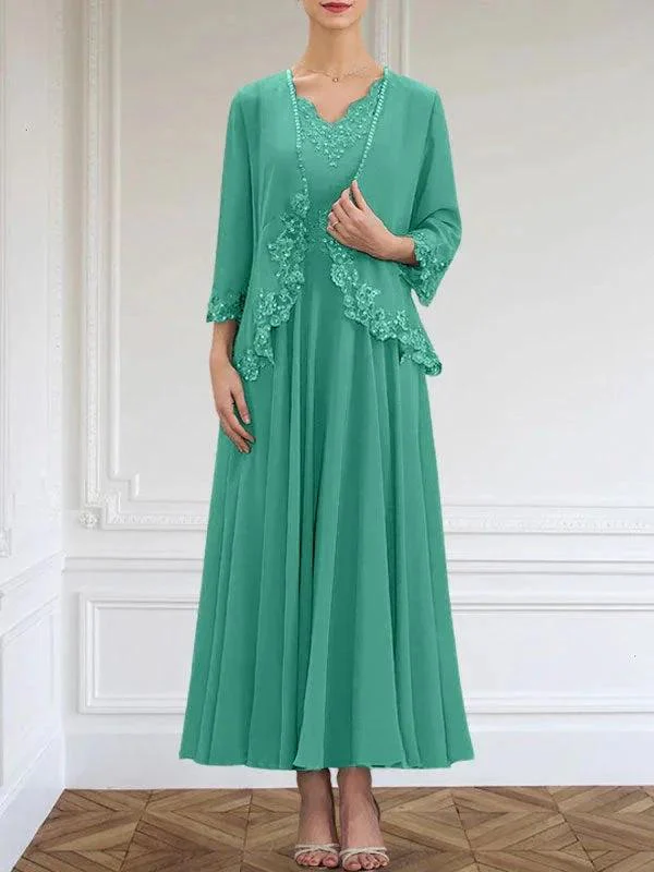 A-line V-Neck Ankle-Length Chiffon Mother of the Bride Dress With Sequins Appliques Lace Beading - Image 25