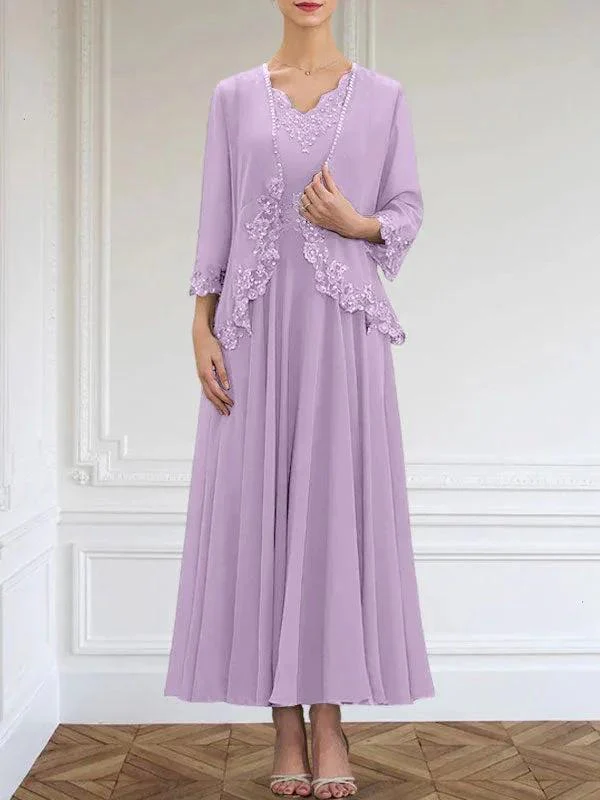 A-line V-Neck Ankle-Length Chiffon Mother of the Bride Dress With Sequins Appliques Lace Beading - Image 26