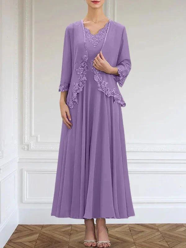 A-line V-Neck Ankle-Length Chiffon Mother of the Bride Dress With Sequins Appliques Lace Beading - Image 27