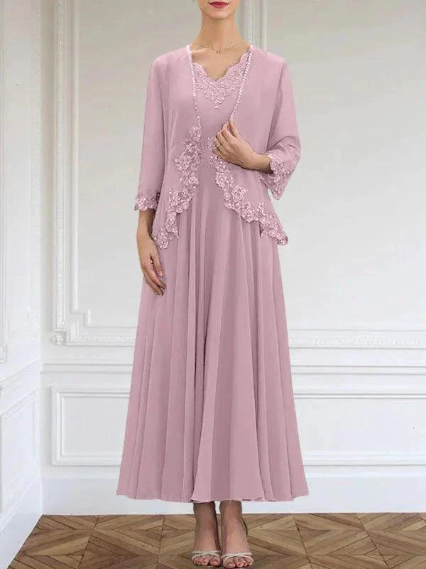 A-line V-Neck Ankle-Length Chiffon Mother of the Bride Dress With Sequins Appliques Lace Beading - Image 28