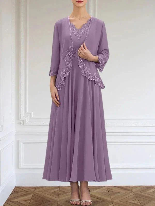 A-line V-Neck Ankle-Length Chiffon Mother of the Bride Dress With Sequins Appliques Lace Beading - Image 29