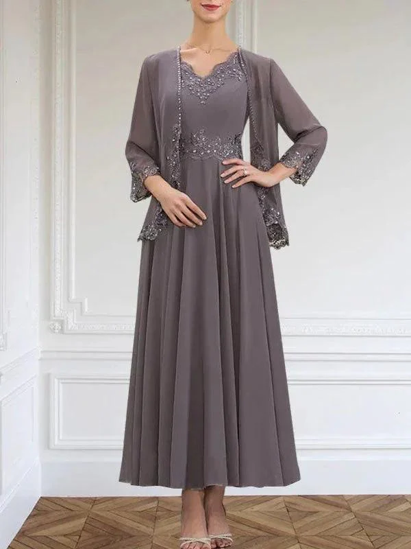 A-line V-Neck Ankle-Length Chiffon Mother of the Bride Dress With Sequins Appliques Lace Beading - Image 3
