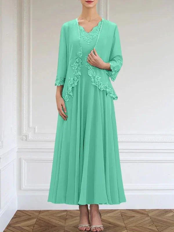A-line V-Neck Ankle-Length Chiffon Mother of the Bride Dress With Sequins Appliques Lace Beading - Image 30