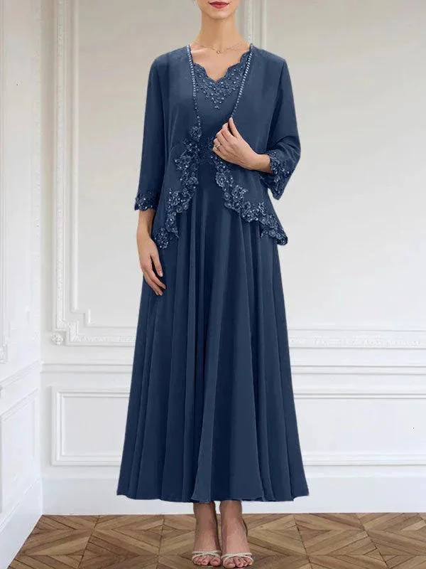 A-line V-Neck Ankle-Length Chiffon Mother of the Bride Dress With Sequins Appliques Lace Beading - Image 31