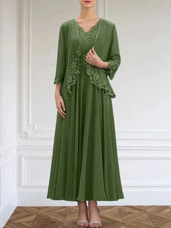 A-line V-Neck Ankle-Length Chiffon Mother of the Bride Dress With Sequins Appliques Lace Beading - Image 32