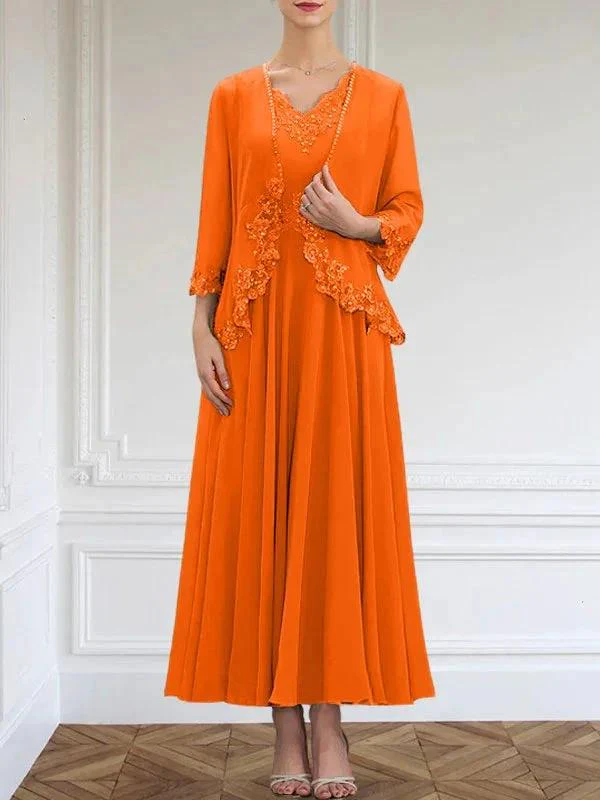 A-line V-Neck Ankle-Length Chiffon Mother of the Bride Dress With Sequins Appliques Lace Beading - Image 33