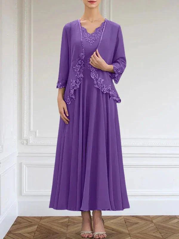 A-line V-Neck Ankle-Length Chiffon Mother of the Bride Dress With Sequins Appliques Lace Beading - Image 34