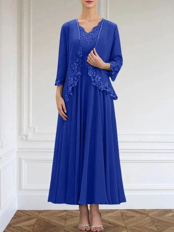A-line V-Neck Ankle-Length Chiffon Mother of the Bride Dress With Sequins Appliques Lace Beading - Image 35