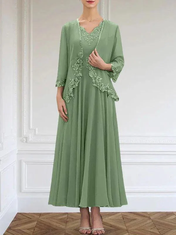 A-line V-Neck Ankle-Length Chiffon Mother of the Bride Dress With Sequins Appliques Lace Beading - Image 36