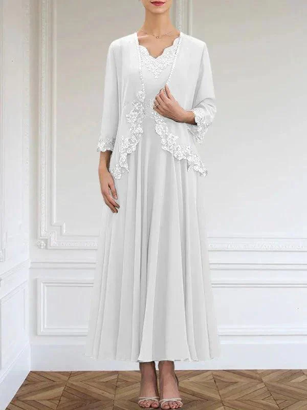 A-line V-Neck Ankle-Length Chiffon Mother of the Bride Dress With Sequins Appliques Lace Beading - Image 39
