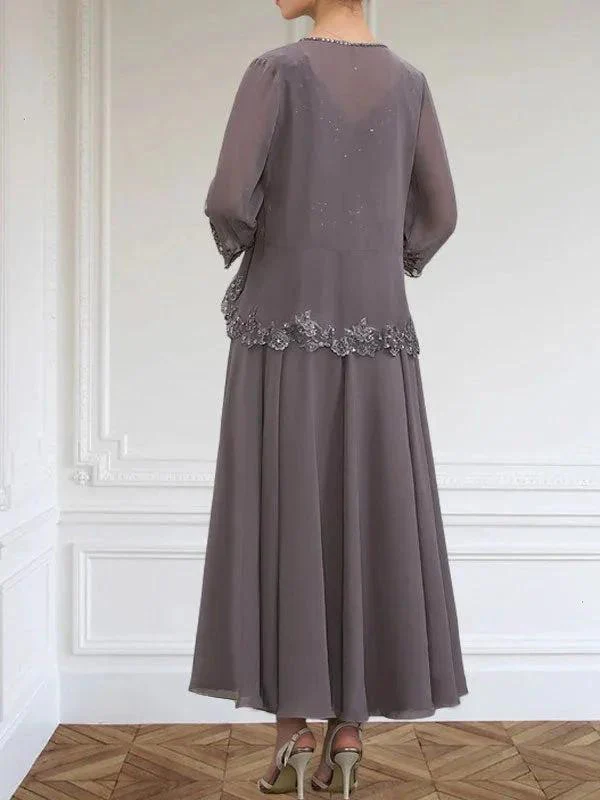 A-line V-Neck Ankle-Length Chiffon Mother of the Bride Dress With Sequins Appliques Lace Beading - Image 4