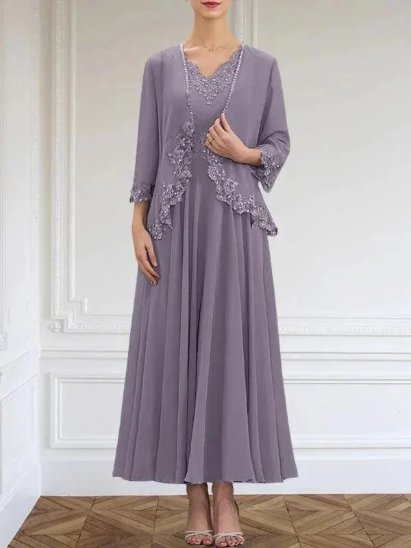 A-line V-Neck Ankle-Length Chiffon Mother of the Bride Dress With Sequins Appliques Lace Beading - Image 40