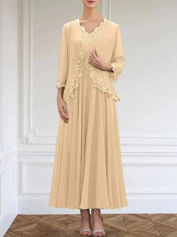 A-line V-Neck Ankle-Length Chiffon Mother of the Bride Dress With Sequins Appliques Lace Beading - Image 41