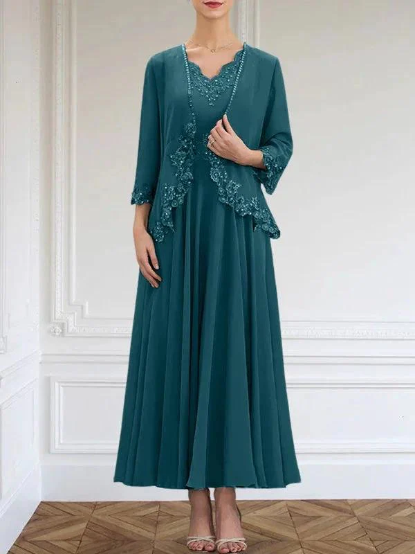 A-line V-Neck Ankle-Length Chiffon Mother of the Bride Dress With Sequins Appliques Lace Beading - Image 42