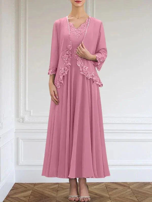 A-line V-Neck Ankle-Length Chiffon Mother of the Bride Dress With Sequins Appliques Lace Beading - Image 43