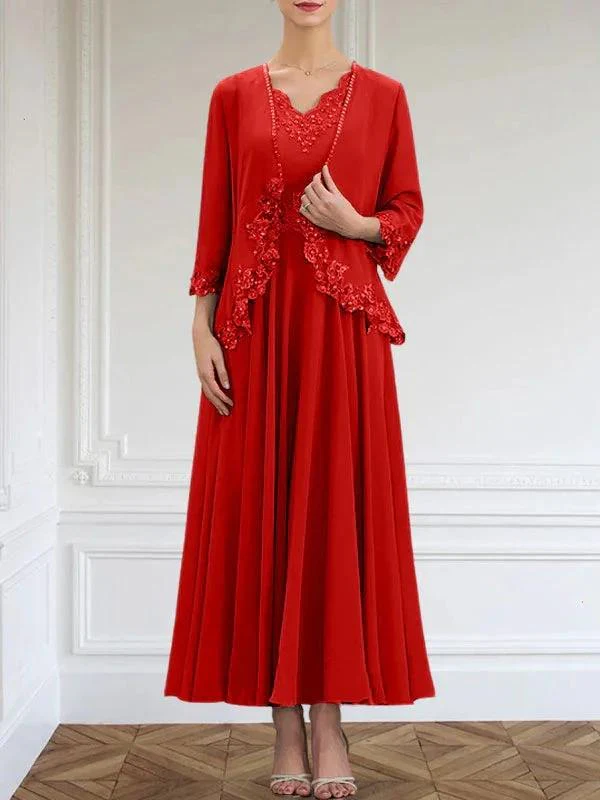A-line V-Neck Ankle-Length Chiffon Mother of the Bride Dress With Sequins Appliques Lace Beading - Image 44