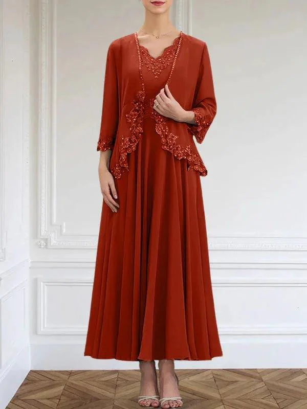 A-line V-Neck Ankle-Length Chiffon Mother of the Bride Dress With Sequins Appliques Lace Beading - Image 45
