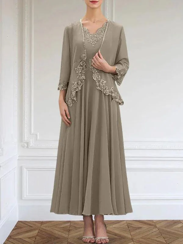 A-line V-Neck Ankle-Length Chiffon Mother of the Bride Dress With Sequins Appliques Lace Beading - Image 46
