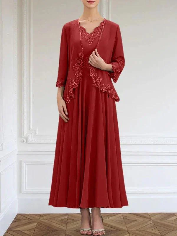 A-line V-Neck Ankle-Length Chiffon Mother of the Bride Dress With Sequins Appliques Lace Beading - Image 47