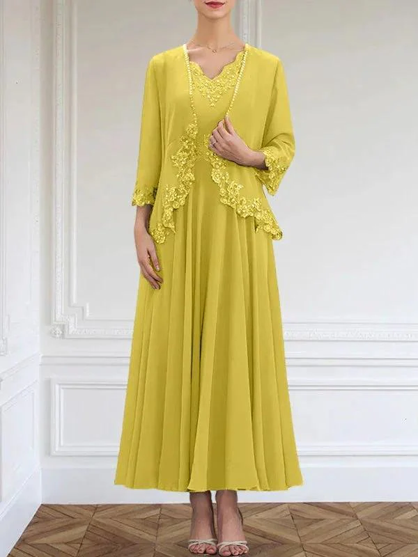 A-line V-Neck Ankle-Length Chiffon Mother of the Bride Dress With Sequins Appliques Lace Beading - Image 48