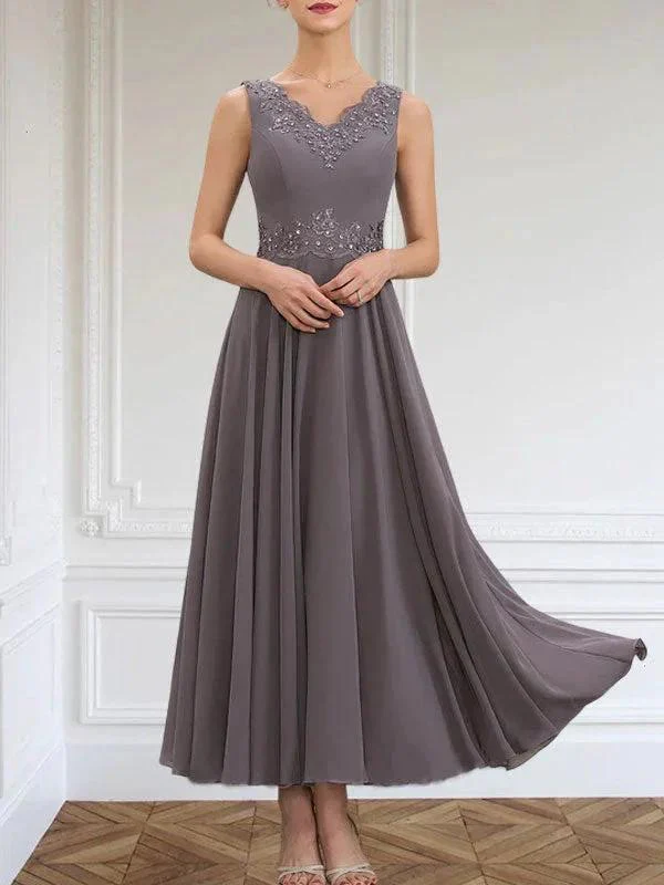 A-line V-Neck Ankle-Length Chiffon Mother of the Bride Dress With Sequins Appliques Lace Beading - Image 5