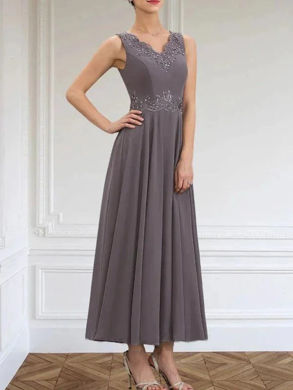 A-line V-Neck Ankle-Length Chiffon Mother of the Bride Dress With Sequins Appliques Lace Beading - Image 6