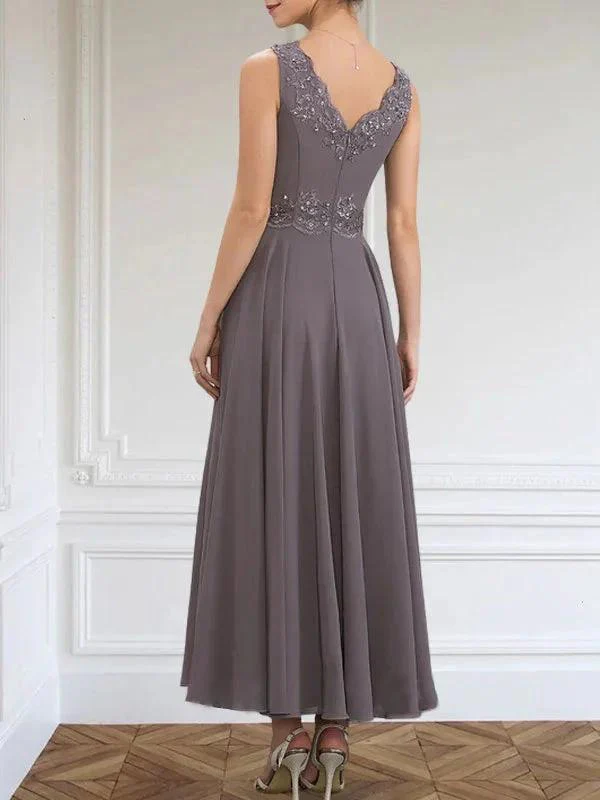 A-line V-Neck Ankle-Length Chiffon Mother of the Bride Dress With Sequins Appliques Lace Beading - Image 7