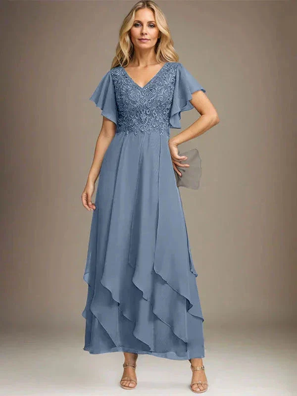A-line V-Neck Ankle-Length Lace Chiffon Mother of the Bride Dress With Cascading Ruffles - Image 10