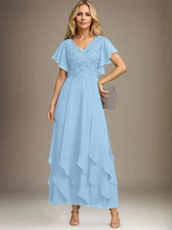 A-line V-Neck Ankle-Length Lace Chiffon Mother of the Bride Dress With Cascading Ruffles - Image 11