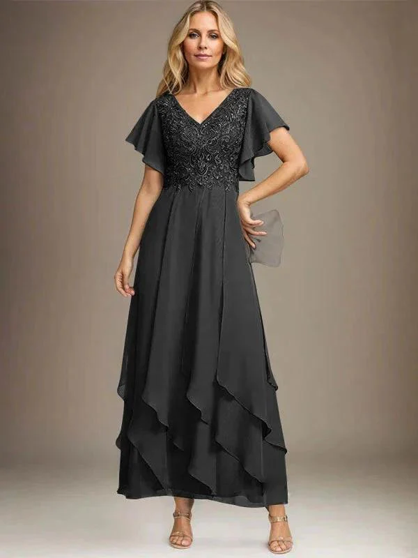 A-line V-Neck Ankle-Length Lace Chiffon Mother of the Bride Dress With Cascading Ruffles - Image 12